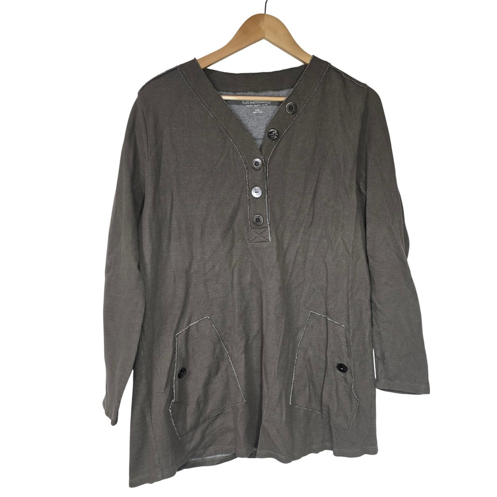 Soft Surroundings Henley Tunic Top Womens Large Brown Cotton Waffle Knit Boho